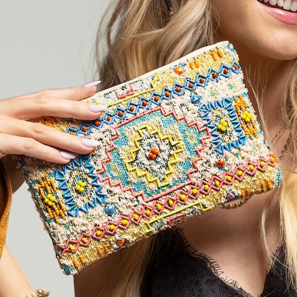 Ruggine Handbags - Colorful Handmade Hand Beaded Wristlet Clutch - Ethnic Inspired Geometric Design